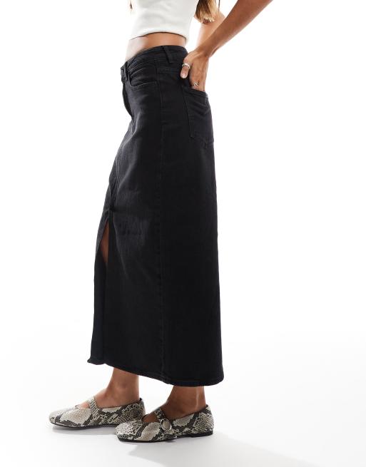 Vila high rise denim front split midi skirt in black wash
