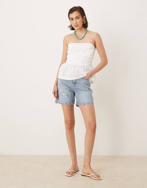 Vila high waist boyfriend fit destroyed denim short in light blue denim - view 1