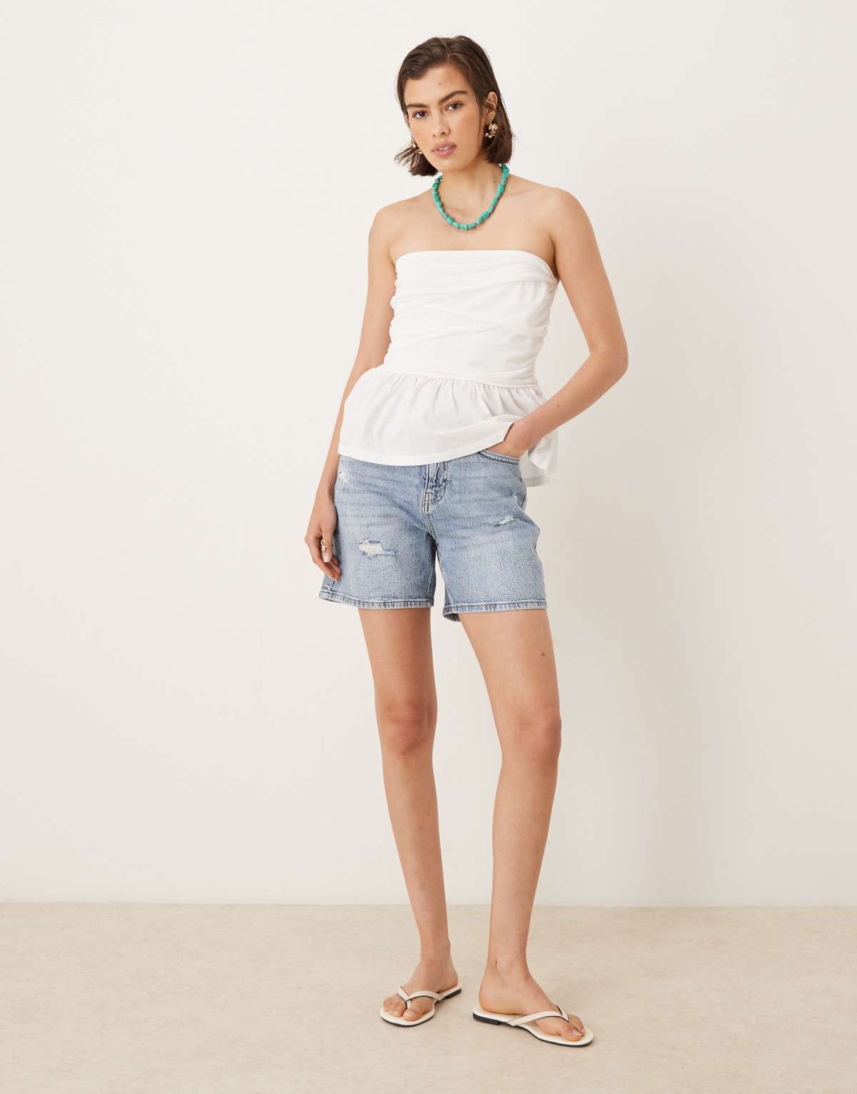 Vila high waist boyfriend fit destroyed denim short in light blue denim