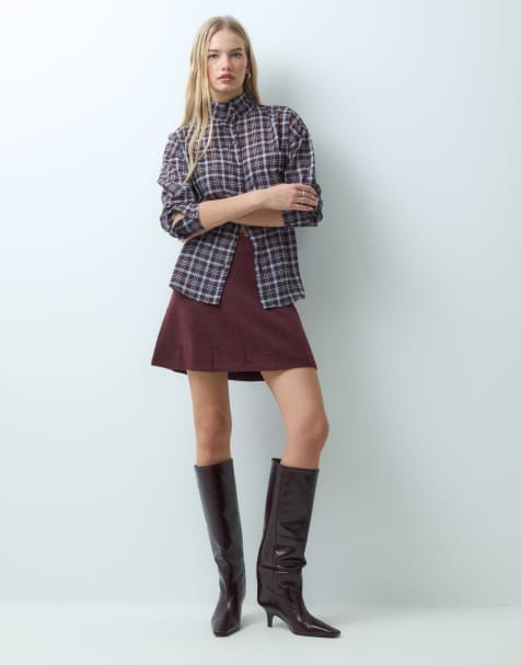 Vila high waist knitted mini skirt in burgundy melange
