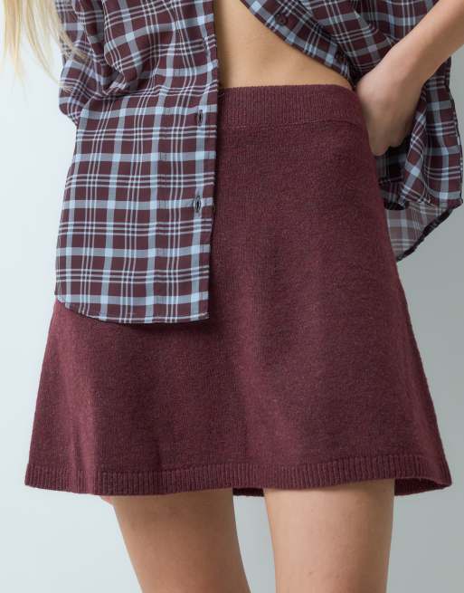 Vila high waist knitted mini skirt in burgundy melange, 2 of 5