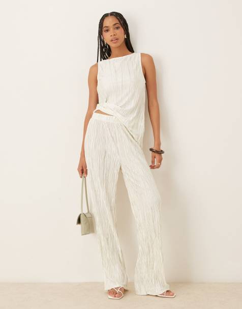 VILA high waist plisse wide leg pants in pale silt green tie-dye (Part of a set) - view 1
