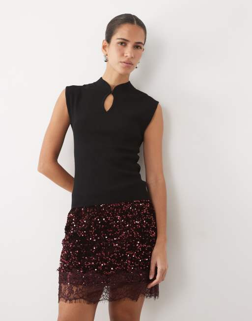 Vila high waist sequin & velour mini skirt with lace trim in burgundy, 2 of 5