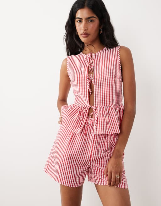 VILA high waist shorts in red and white gingham print - part of a set, 3 of 5