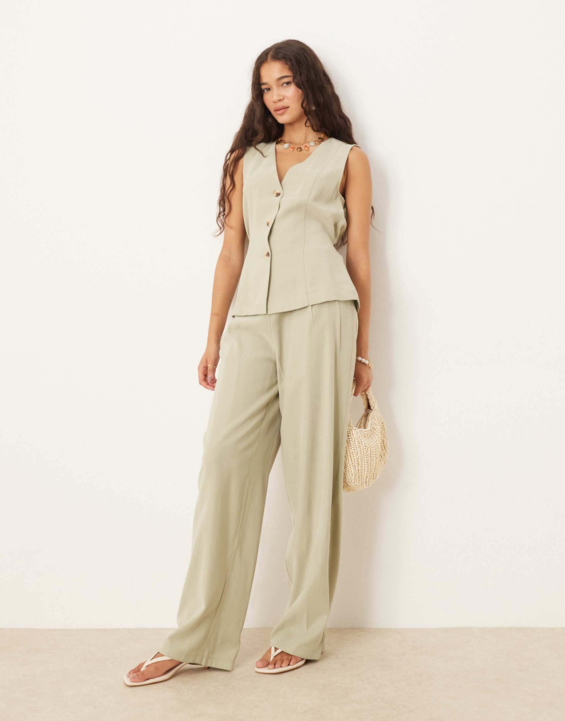 vila high waist tailored pants in sage green - part of a set