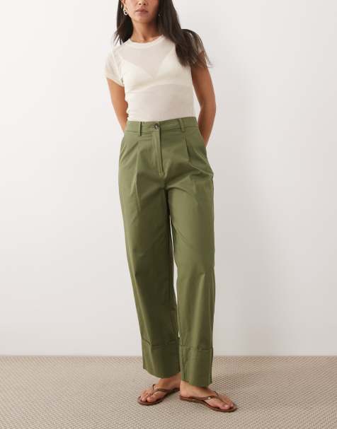 VILA high waist turn-up hem canvas pants in olive green - view 1