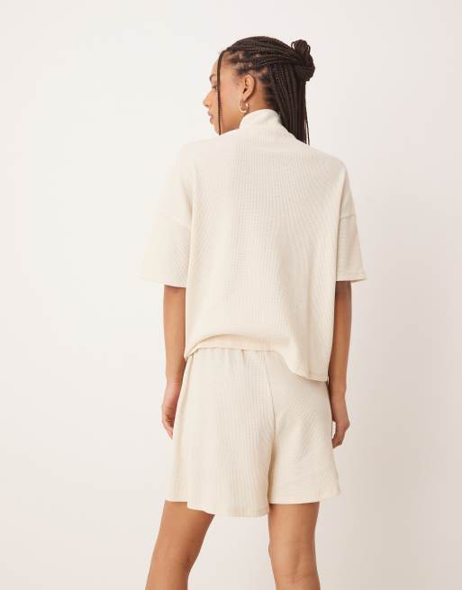 Vila high waist waffle knit shorts in birch cream - part of a set, 3 of 5