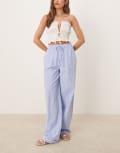 [Vila] VILA high waist wide leg stripe dad pants with turn up cuff in blue 38 Coronet blue