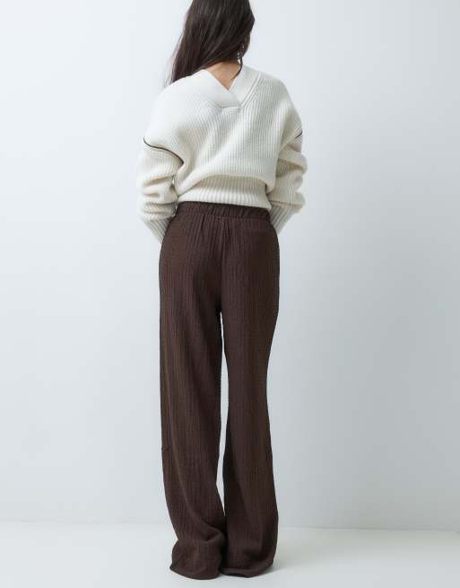Vila high waist wide leg textured pants in chocolate brown, 4 of 5