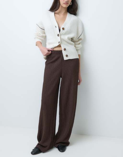 Vila high waist wide leg textured trousers in chocolate brown, 2 of 5