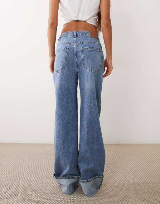 Vila high waist wide leg turnup hem jeans in medium blue, 3 of 5