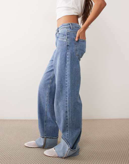 Vila high waist wide leg turnup hem jeans in medium blue, 4 of 5