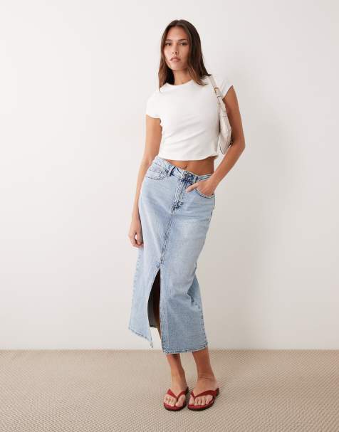 Vila high waisted denim front split midi skirt in light blue