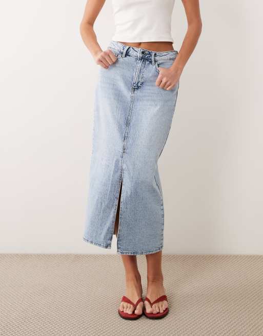 Vila high waisted denim front split midi skirt in light blue, 3 of 4
