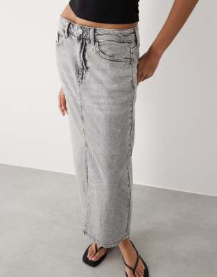 Vila High Waisted Denim Front Split Midi Skirt In Gray