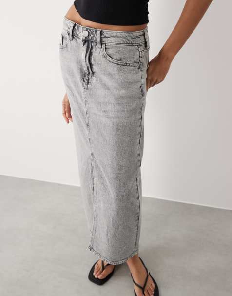 VILA high waisted front slit denim midi skirt in light gray - view 1