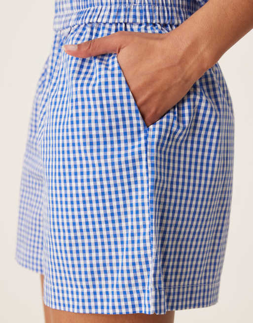 Vila high-waisted gingham check poplin shorts in blue (Part of a