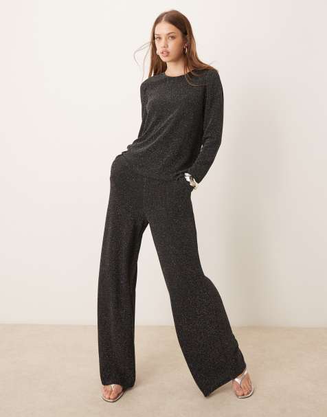 Vila high waisted glitter pants in black (part of a set) - view 1