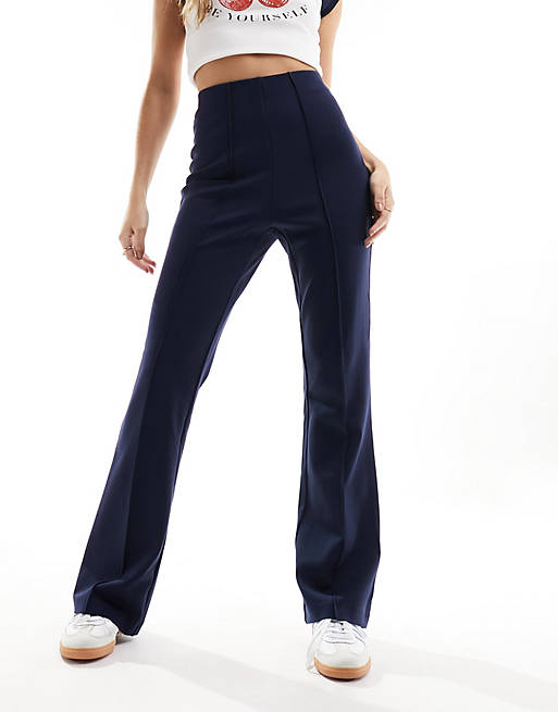 Vila high waisted pin tuck pull on trousers in navy | ASOS
