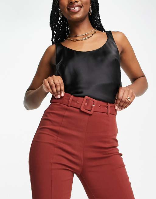 Vila high waisted stretch belted pants with split front in red, 4 of 4