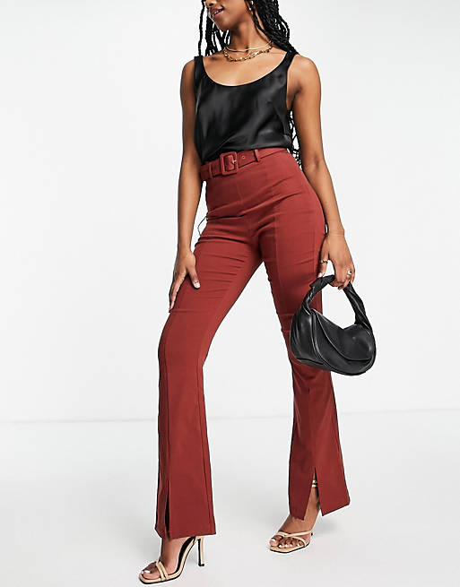 Vila high waisted stretch belted trousers with split front in red