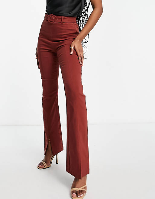 Women Vila high waisted stretch belted trousers with split front in red 