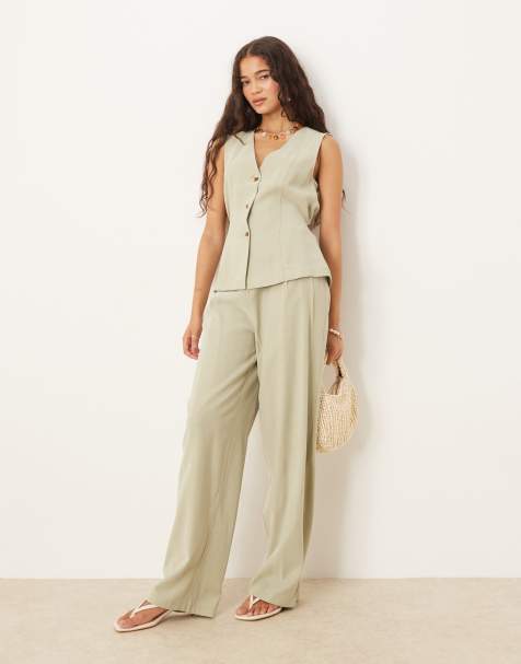 Vila high waisted tailored trouser co-ord in sage green - view 1