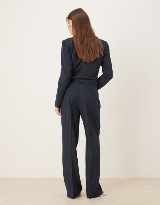 Vila high waisted tailored trousers co-ord in navy pinstripe, 5 of 5