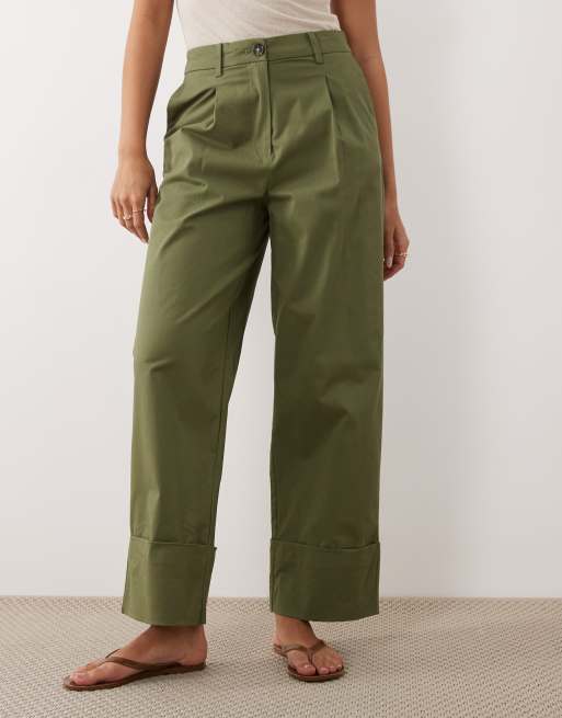 VILA high waisted turn up hem canvas pants in olive green, 2 of 5