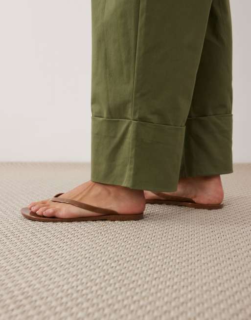 VILA high waisted turn up hem canvas pants in olive green, 3 of 5