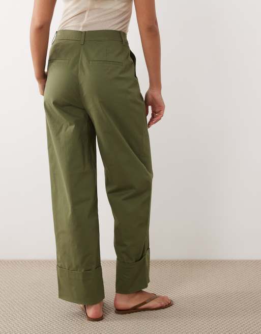 Vila high waisted turn up hem canvas trousers in olive green, 4 of 5
