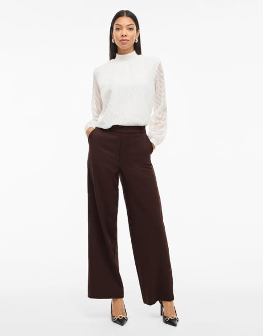 Vila High Waisted Wide Leg Tailored Trousers in Brown, 3 of 6
