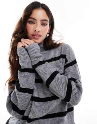 Vila - Hochgeschlossener Pullover in Grau gestreift mit superweicher Haptik