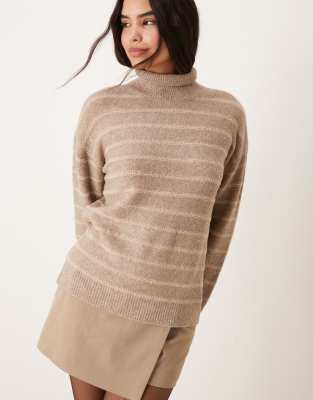 VILA - Hochgeschlossener, strukturierter Strickpullover in Beige mit farblich abgestimmten Streifen-Neutral