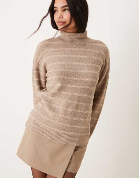 VILA – Hochgeschlossener, strukturierter Strickpullover in Beige mit farblich abgestimmten Streifen - view 1