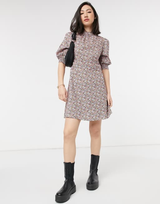 Vila – Hochgeschlossenes Freizeitkleid mit Puffärmeln und Blumenmuster