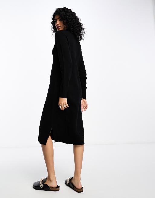 Vila – Hochgeschlossenes, gestricktes Midi-Pulloverkleid in Schwarz, 2 von 4