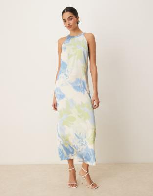 VILA - Hochgeschlossenes Satin-Maxikleid mit Marmormuster-Bunt