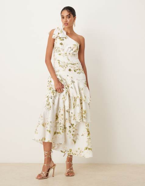 VILA – Hochwertiges Maxikleid mit One-Shoulder-Träger und Statement-Rüschen aus cremefarbenem Blumenprint - view 1