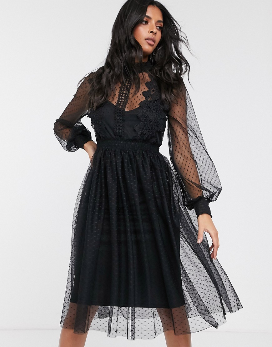 Vila - Hoogsluitende midi-jurk van kant met lange mouwen-Zwart