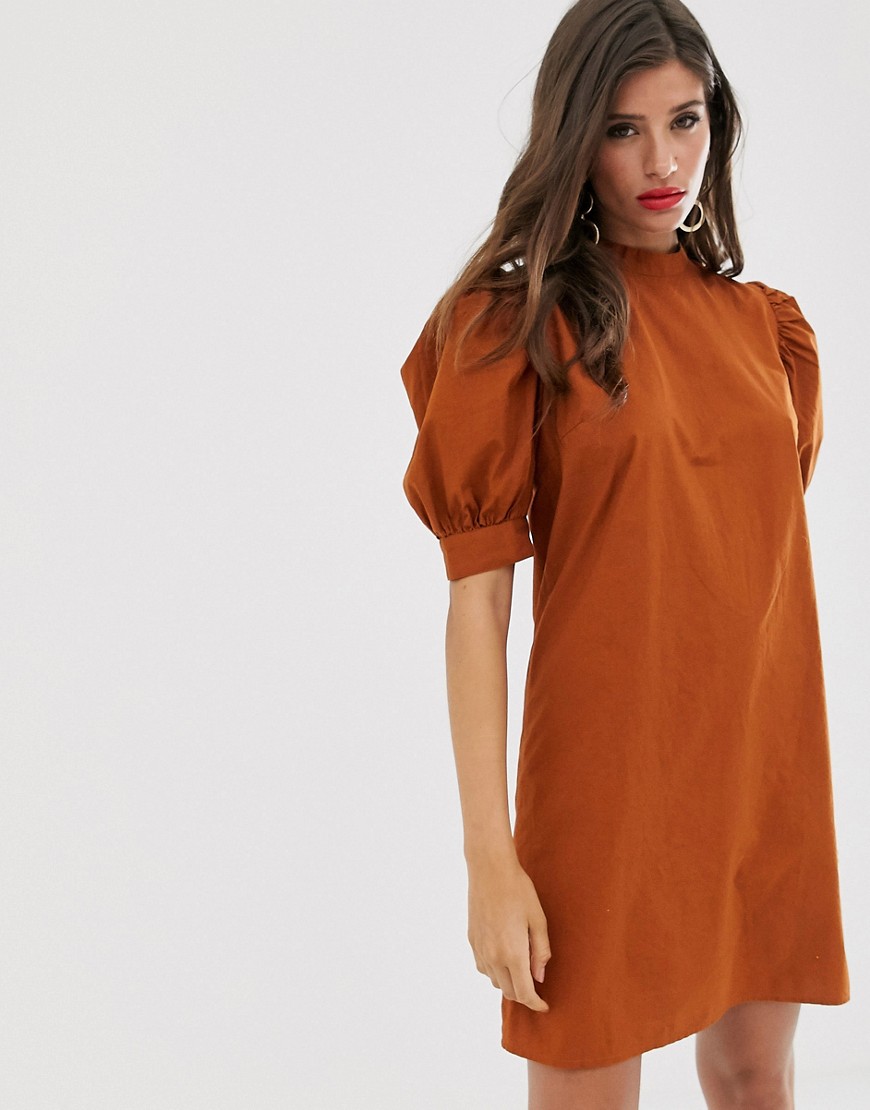 Vila - Hoogsluitende mini-jurk met pofmouwen-Bruin