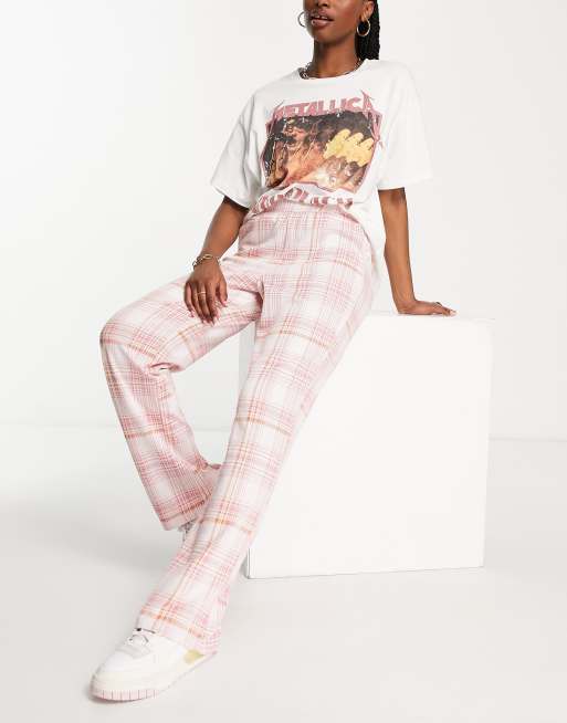 Vila – Hose aus Jersey in Rosa mit weitem Bein und Karomuster - LPINK