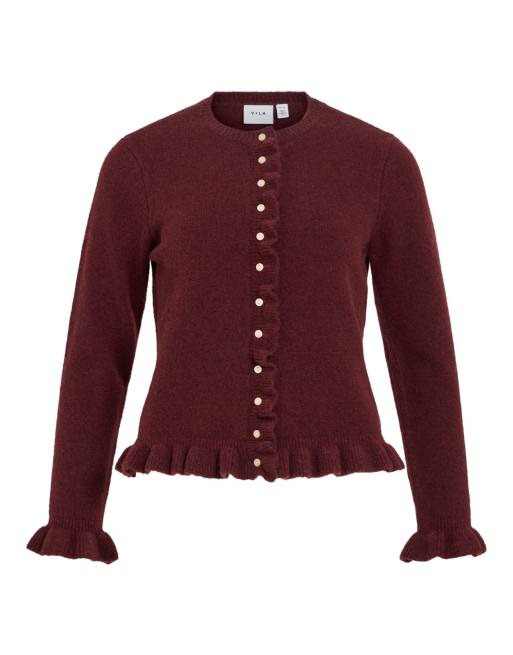 Vila Jacia crew neck knitted cardigan in red, 6 of 7