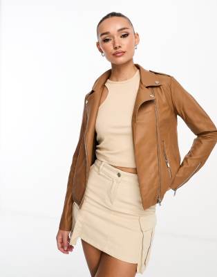 Vila - Jacke aus Kunstleder in Camel-Weiß