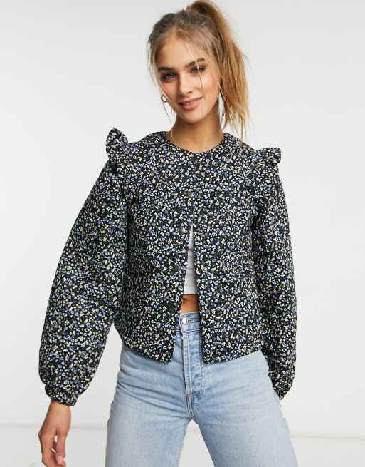 Vila jacket with ruffle detail and balloon sleeves in playful floral | ASOS