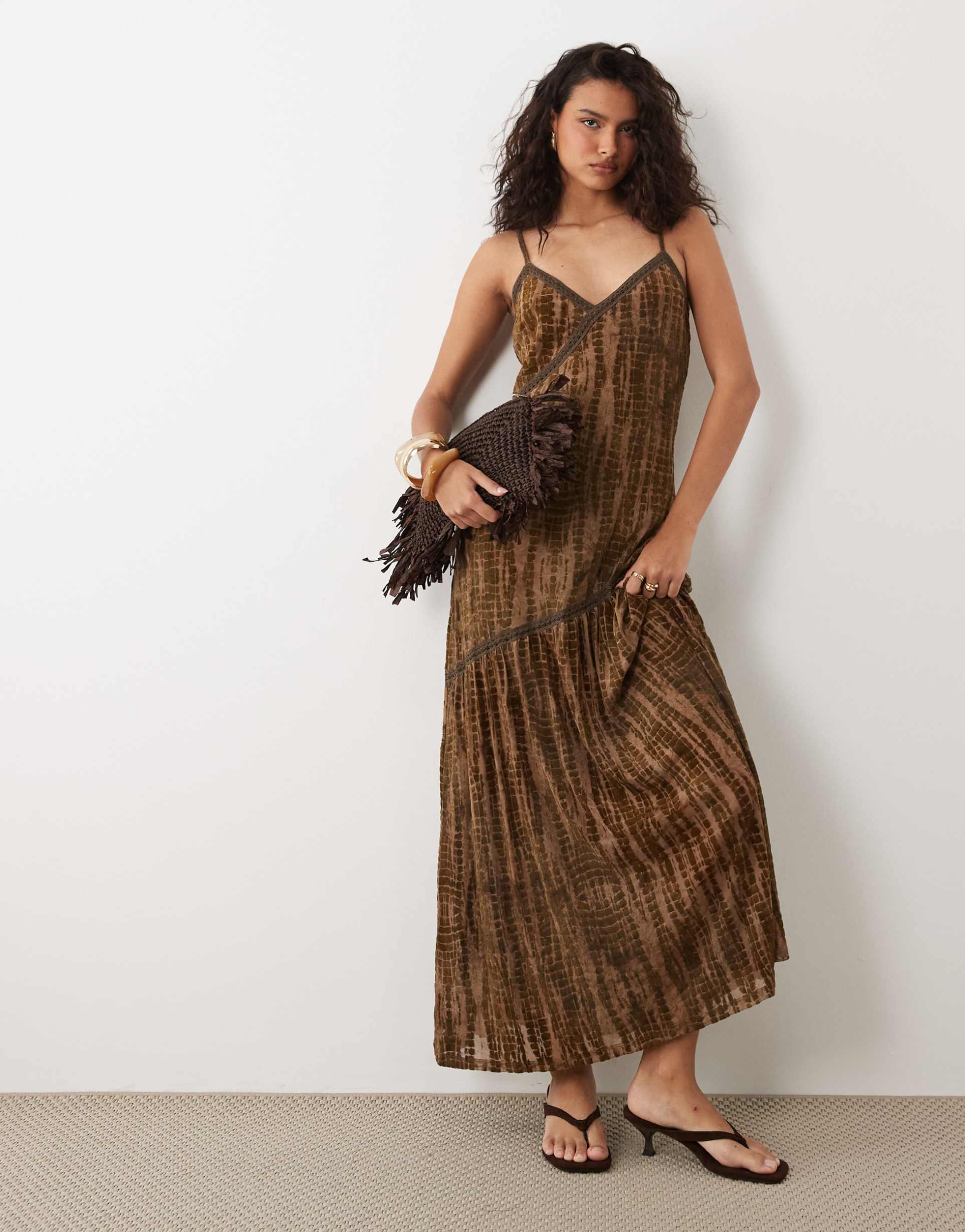 vila jacquard cami maxi dress with trim details in brown