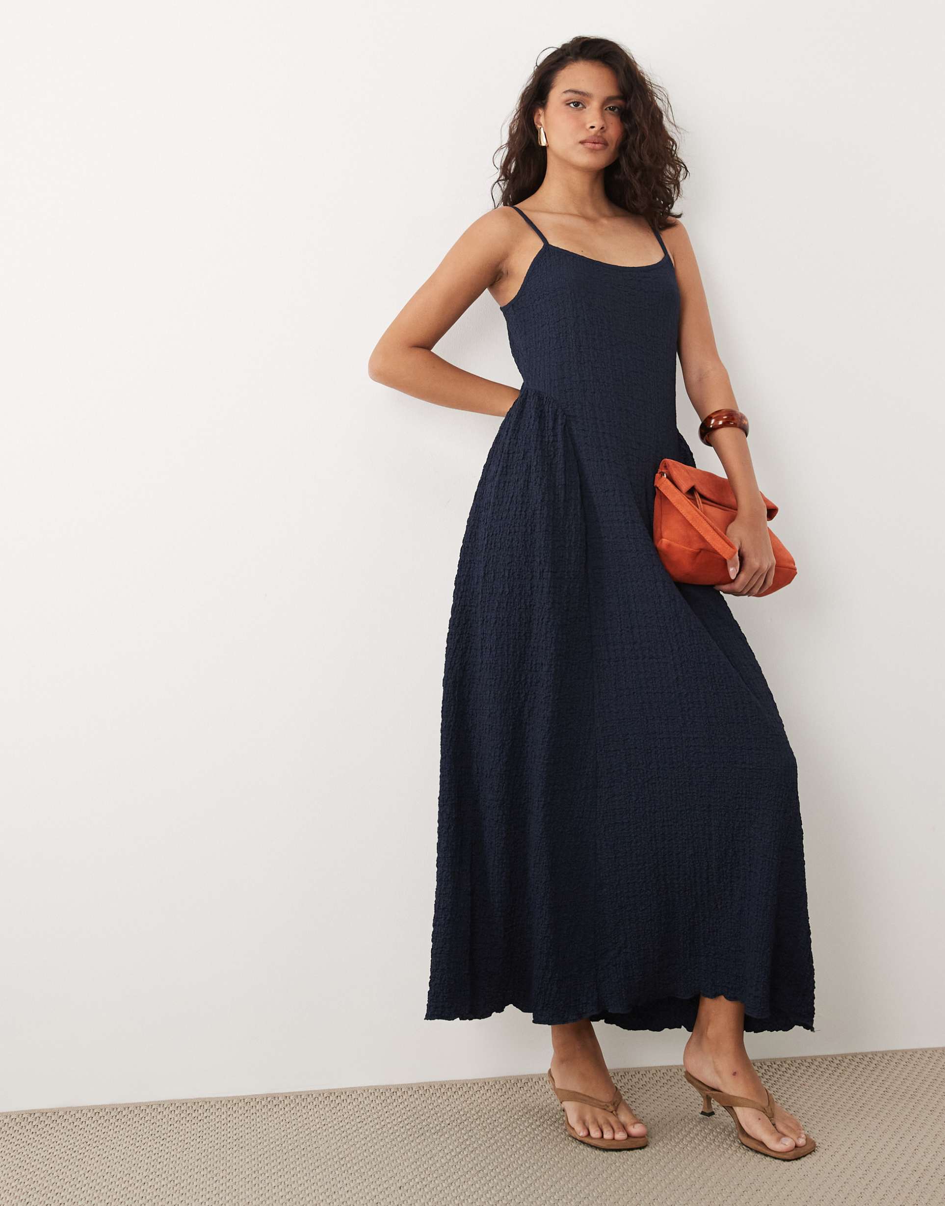 vila jacquard jersey cami midi dress with waist details in navy