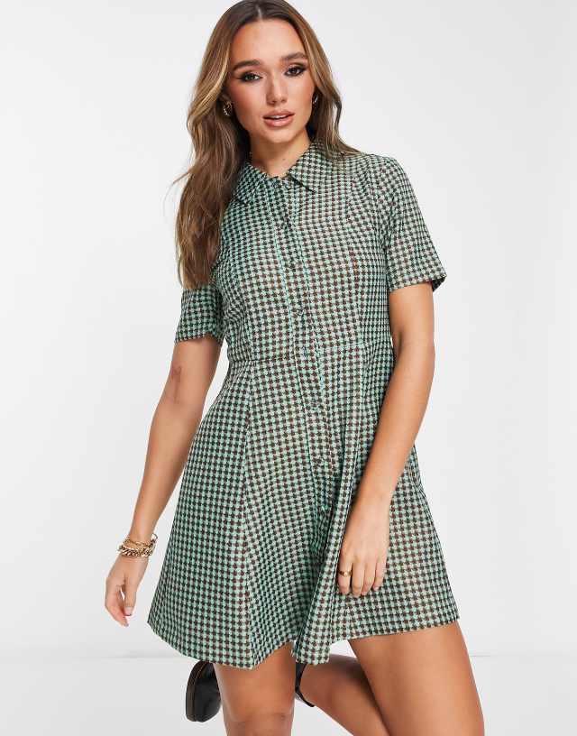 Vila jacquard shirt mini dress in green and brown plaid