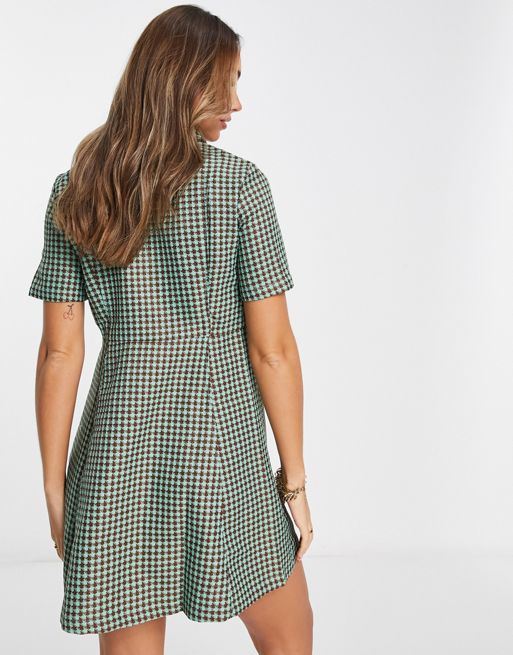 Vila jacquard shirt mini dress in green and brown plaid