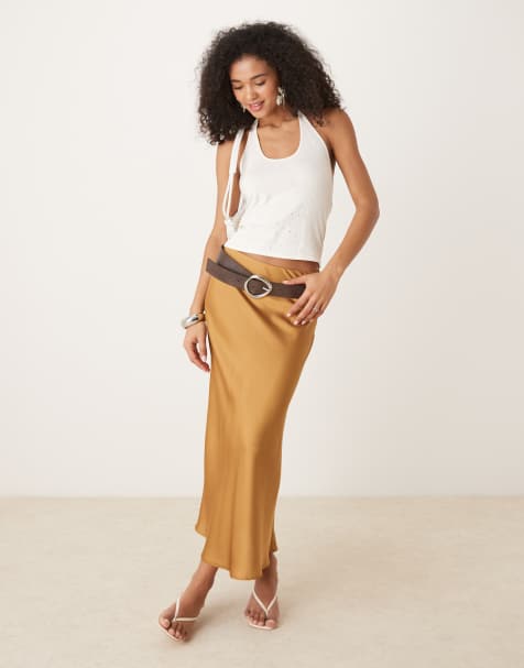 Vila satin maxi skirt in light brown